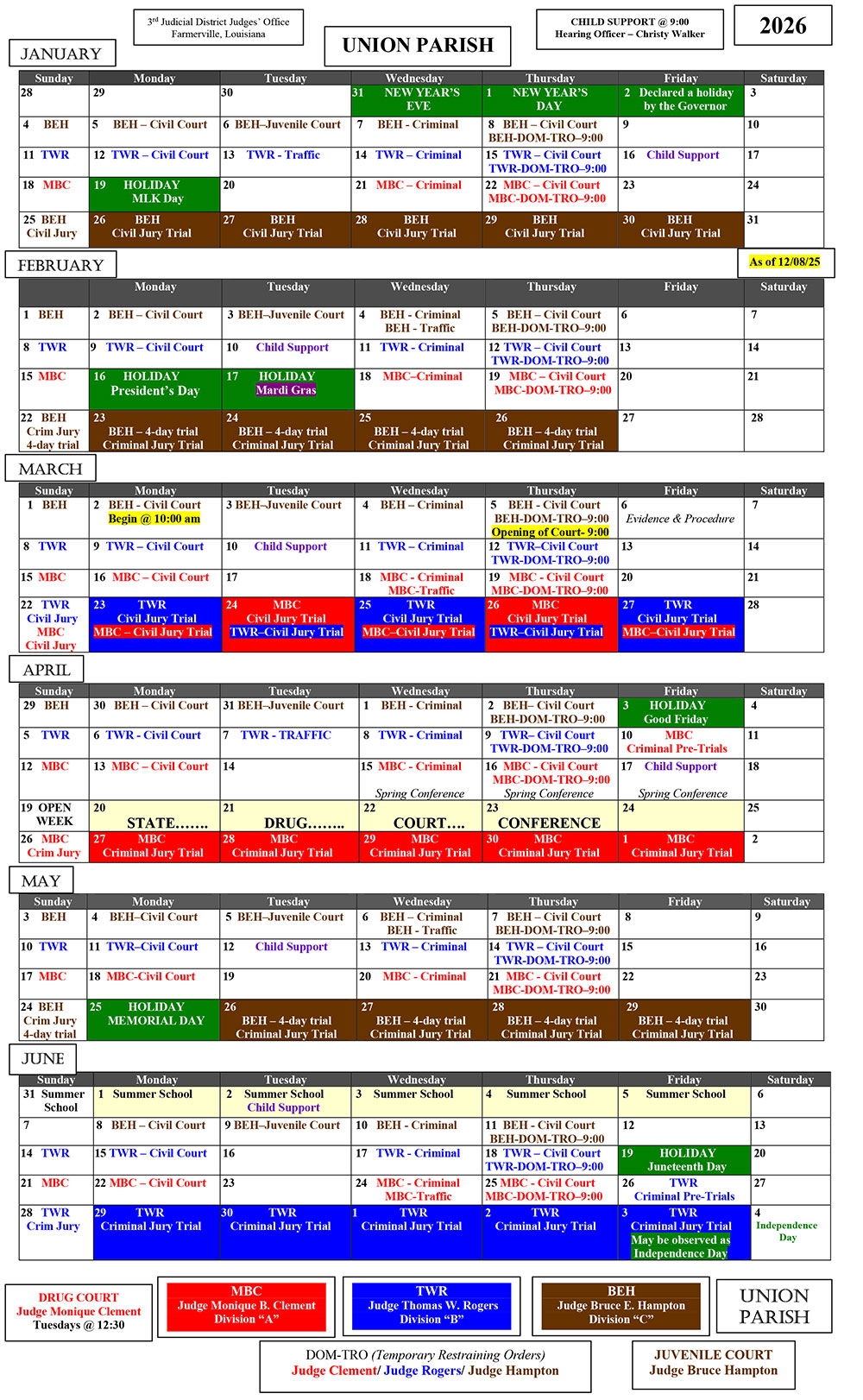 2026 Union Parish Court Calendar Page 1