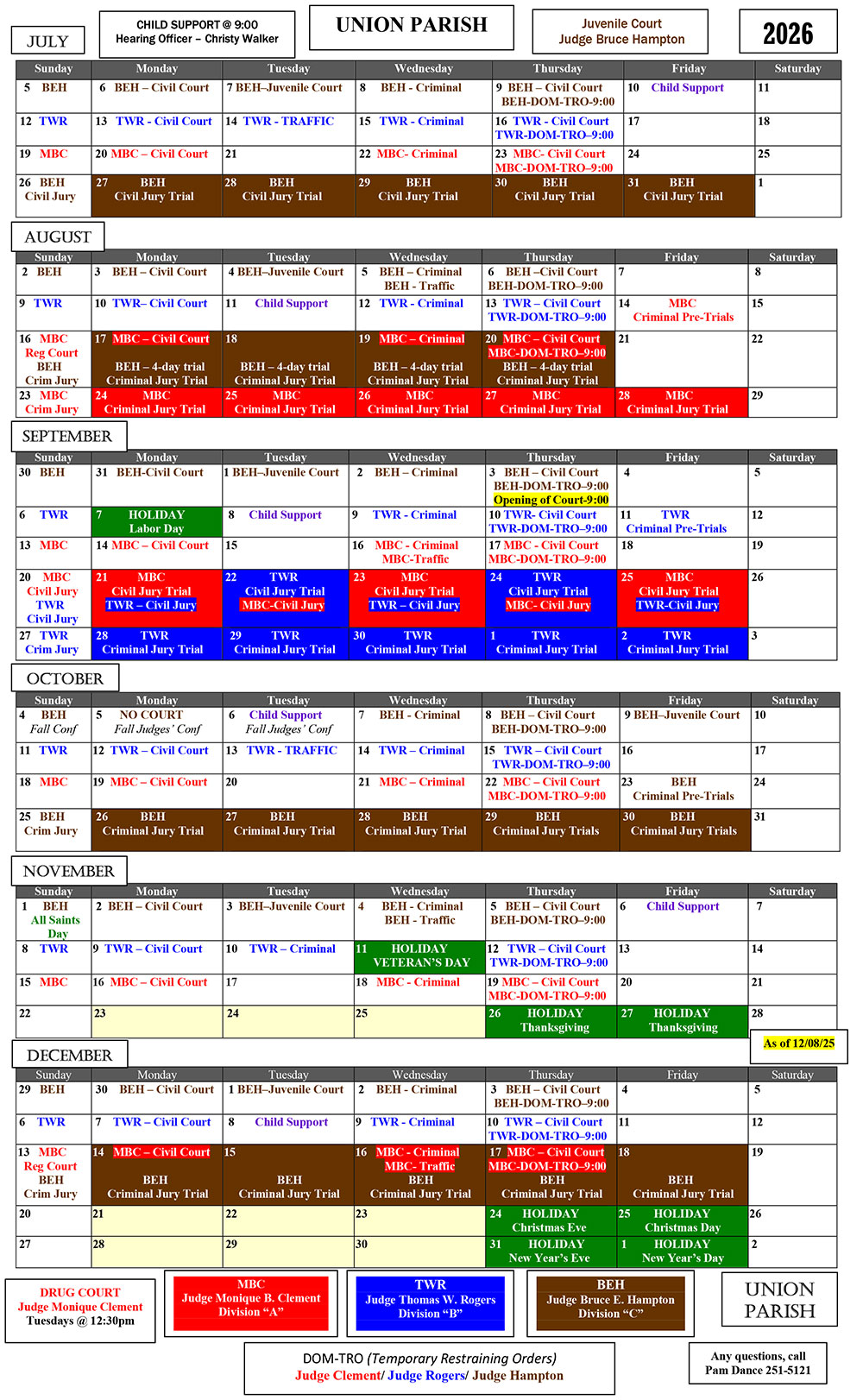 2026 Union Parish Court Calendar Page 2